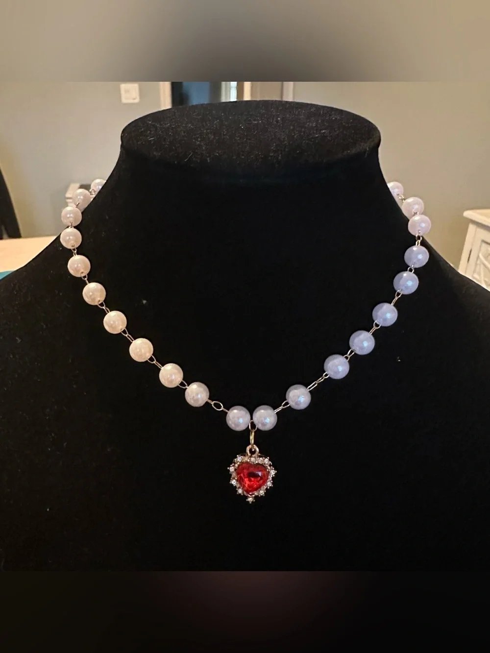 Self made 18K gold plated heart pendant & vintage fake pearl necklace.